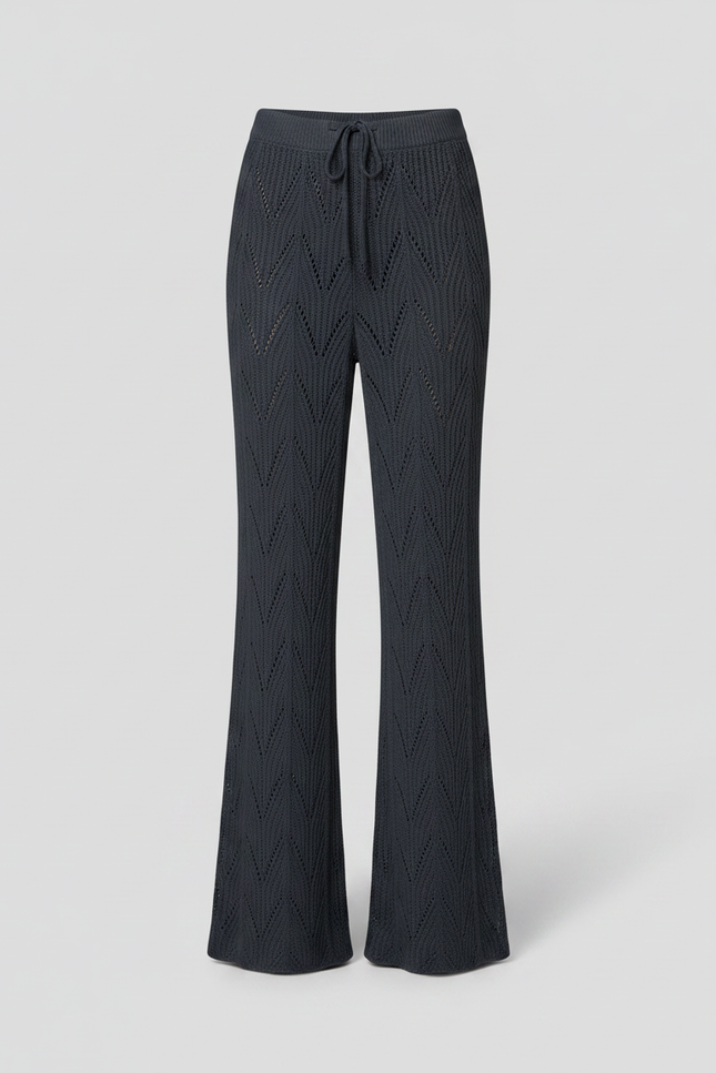 Pantalon Fluide Noir Tricoté Évasé Creux Élégant - Marine Maille - vue 3