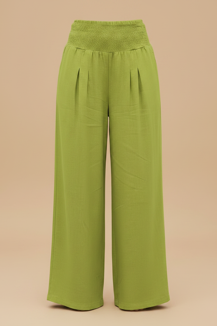 Pantalon Fluide Vert Ample Taille Haute Plissé Décontracté - Lin - vue 3