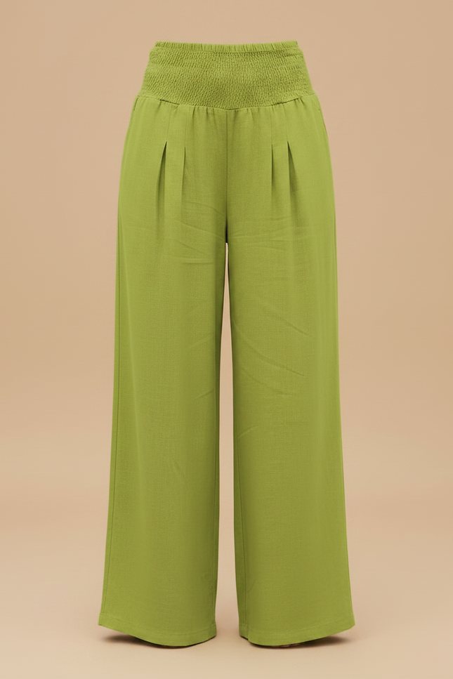 Pantalon Fluide Vert Ample Taille Haute Plissé Décontracté - Lin - vue 3