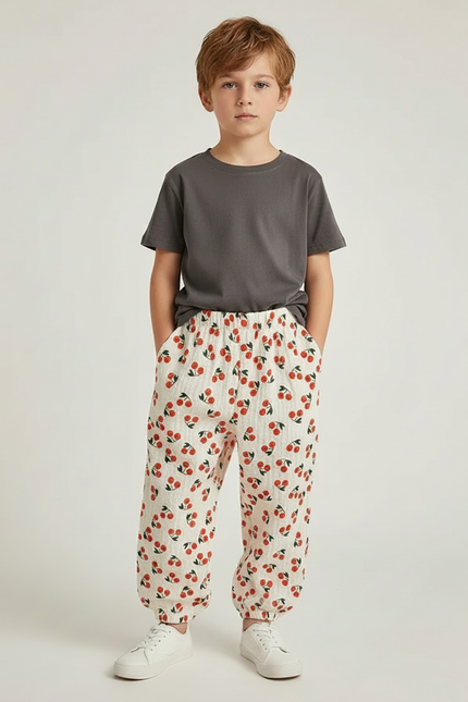 Pantalon Fluide Écru Cerises Ample Léger Enfant - Beige Coton - vue 3