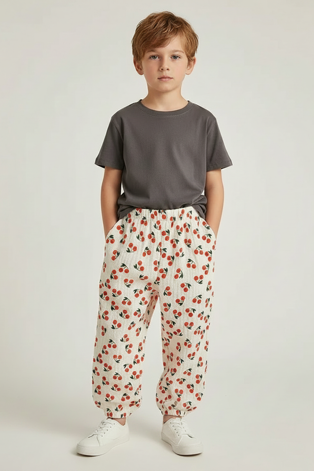 Pantalon Fluide Écru Cerises Ample Léger Enfant - Beige Coton - vue 3