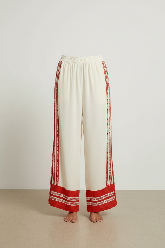 Pantalon Fluide Écru Ample Rayures Rouges Imprimées Décontracté - Beige Viscose - vue 3