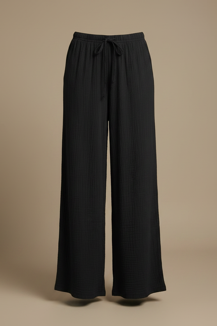 Pantalon Fluide Noir Ample Coton Taille Haute - vue 3