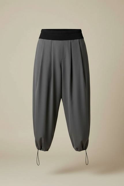 Pantalon Fluide Gris Ample Cordon Plissé Confortable - Polyester - vue 3