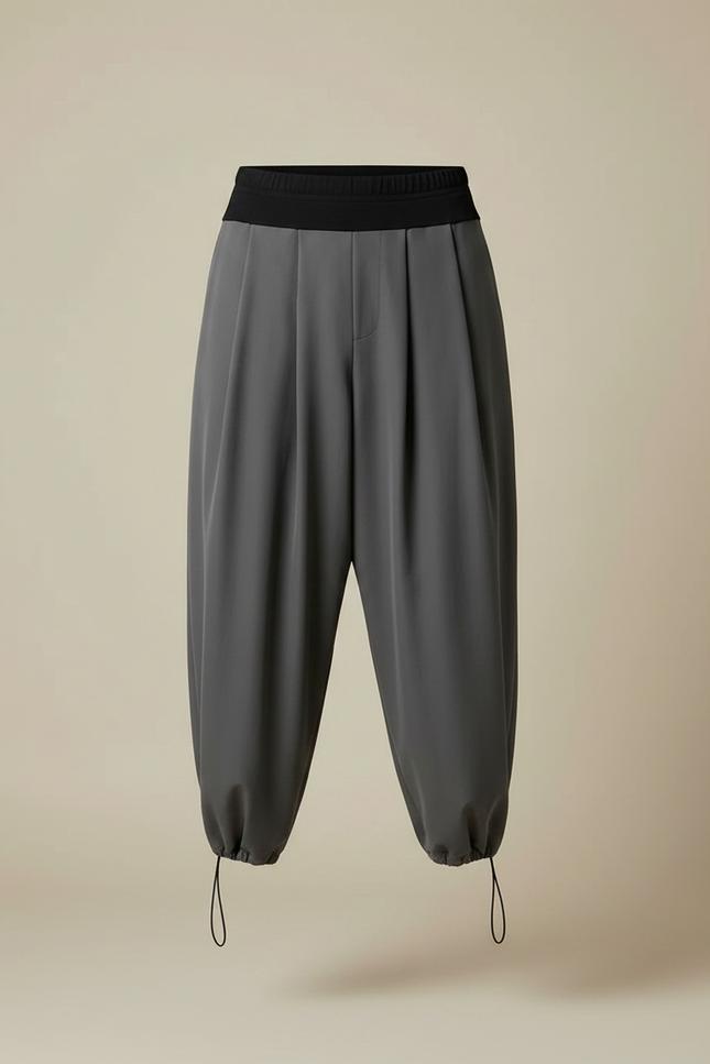 Pantalon Fluide Gris Ample Cordon Plissé Confortable - Polyester - vue 3