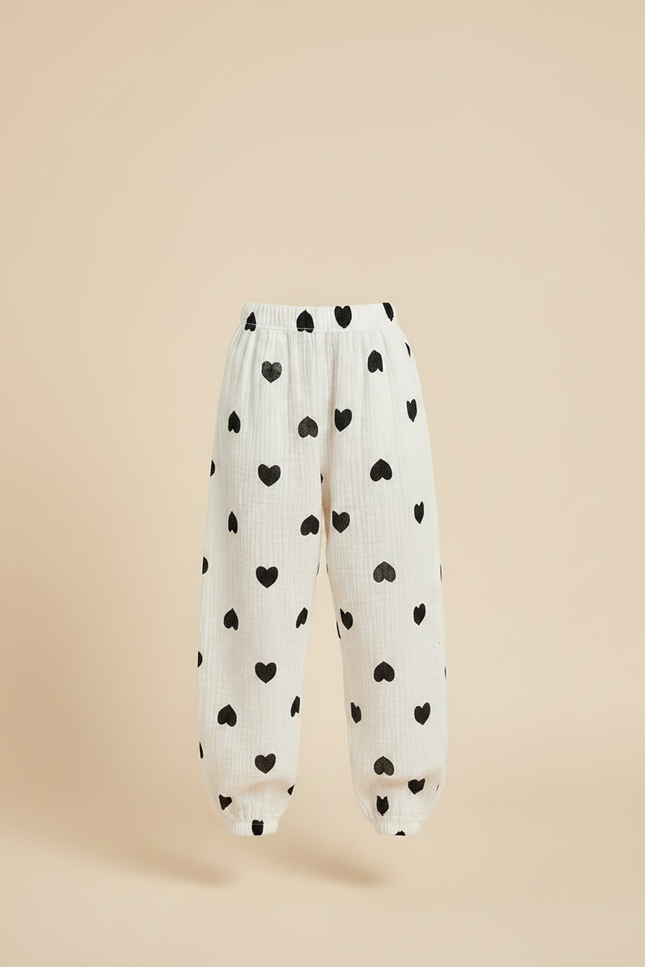 Pantalon Fluide Blanc Cœurs Noirs Ample Mousseline Enfant - Coton - vue 3