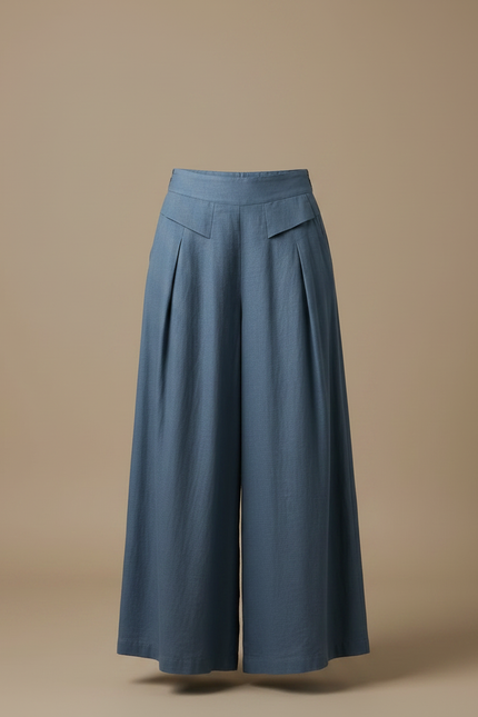 Pantalon Fluide Bleu Ciel Ample Lin Plissé Élégant - vue 3
