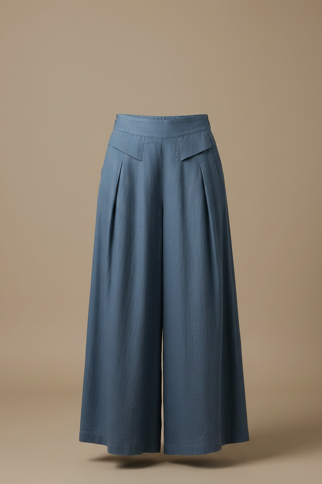 Pantalon Fluide Bleu Ciel Ample Lin Plissé Élégant - vue 3