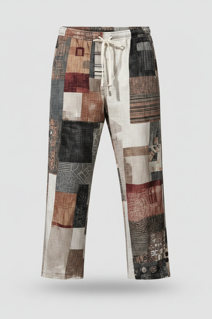 Pantalon Fluide Patchwork Rétro Ample Décontracté Homme - Multicolore Lin - vue 2