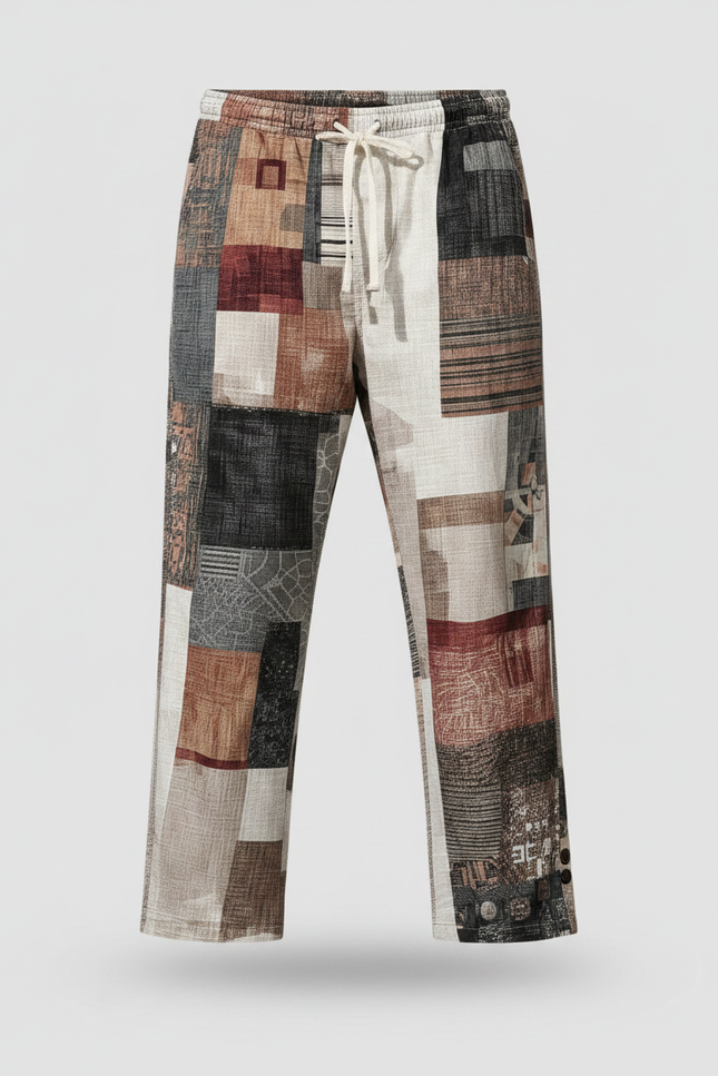 Pantalon Fluide Patchwork Rétro Ample Décontracté Homme - Multicolore Lin - vue 2