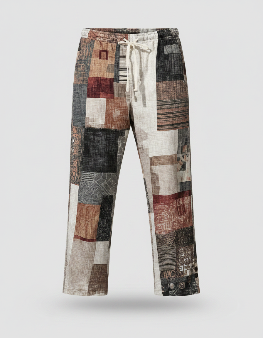 Pantalon Fluide Patchwork Rétro Ample Décontracté Homme - Multicolore Lin - vue 2