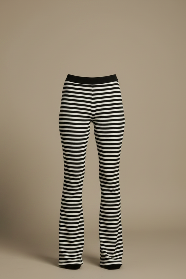 Pantalon Fluide Rayé Noir Blanc Évasé Moulant Femme - Multicolore Maille - vue 3