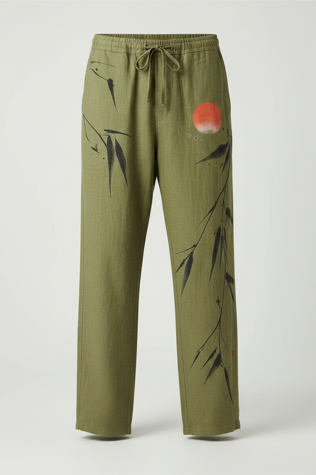 Pantalon Fluide Vert Lin Motif Bambou Soleil Homme - vue 3