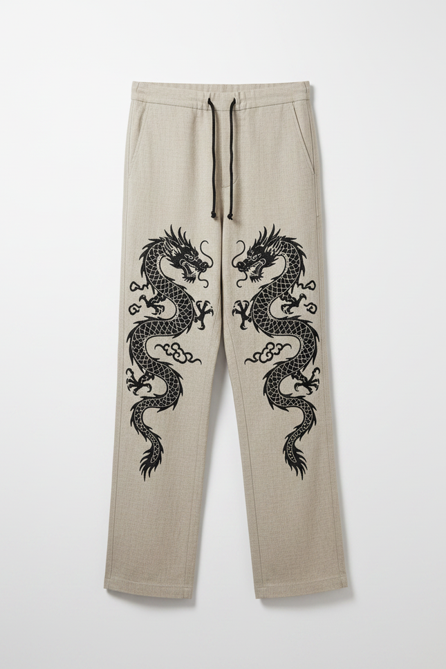 Pantalon Fluide Écru Dragon Viking Cordon Ample Homme - Beige Lin - vue 3