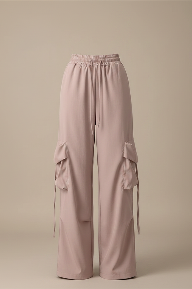 Pantalon Fluide Cargo Rose Ample Taille Haute - Polyester - vue 3