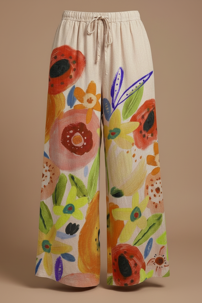 Pantalon Fluide Rouge Fleuri - Multicolore Lin - vue 3