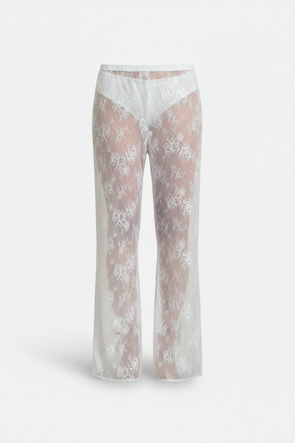 Pantalon Fluide Blanc Transparent Dentelle Floral Ample - Polyester