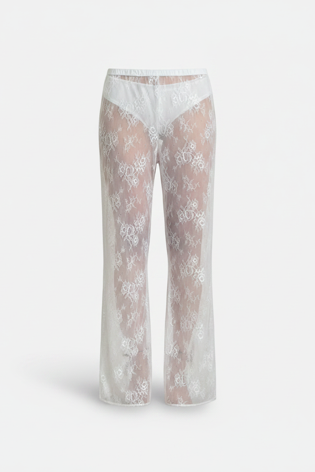 Pantalon Fluide Blanc Transparent Dentelle Floral Ample - Polyester