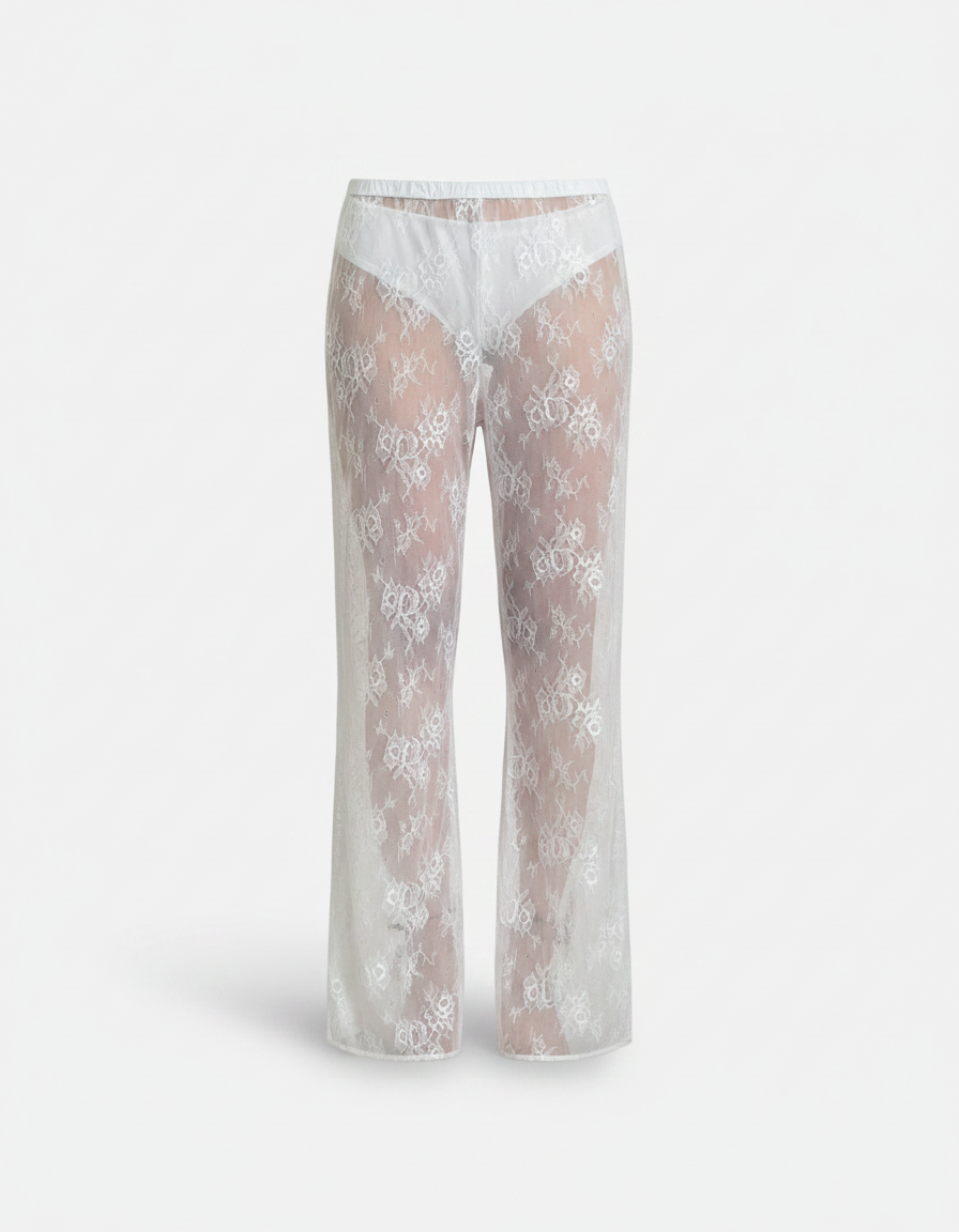 Pantalon Fluide Blanc Transparent Dentelle Floral Ample - Polyester