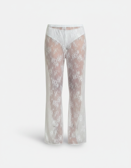 Pantalon Fluide Blanc Transparent Dentelle Floral Ample - Polyester