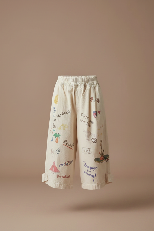 Pantalon Fluide Écru Coton Ample Imprimé Enfant - Beige - vue 3