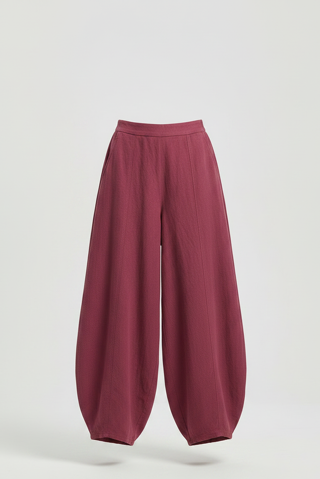 Pantalon Fluide Grenat Ample Coton Lin Élégant - Bordeaux - vue 3