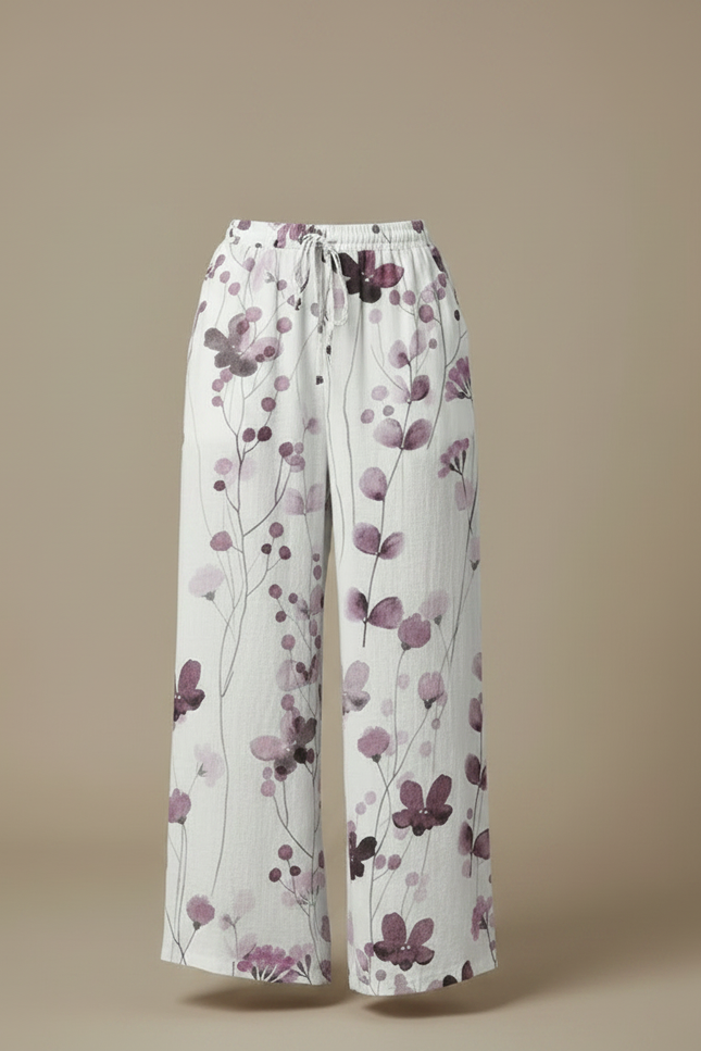 Pantalon Fluide Blanc Imprimé Floral Ample Lin Décontracté - vue 3