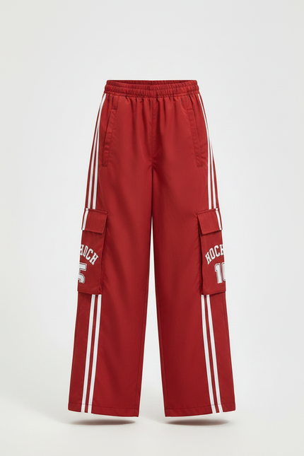 Pantalon Fluide Rouge Cargo Ample Rayures Blanches - Polyester - vue 3