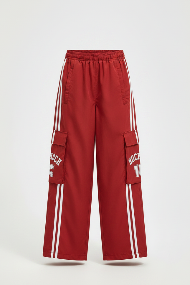 Pantalon Fluide Rouge Cargo Ample Rayures Blanches - Polyester - vue 3