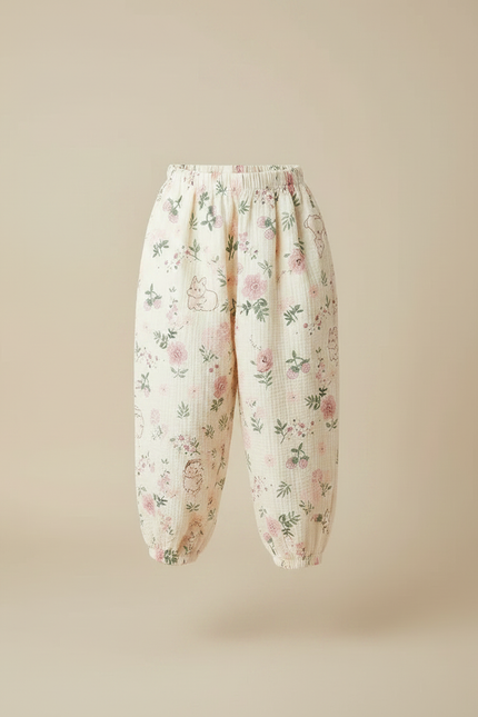 Pantalon Fluide Coton Gaze Ample Floral Beige Enfant - vue 3
