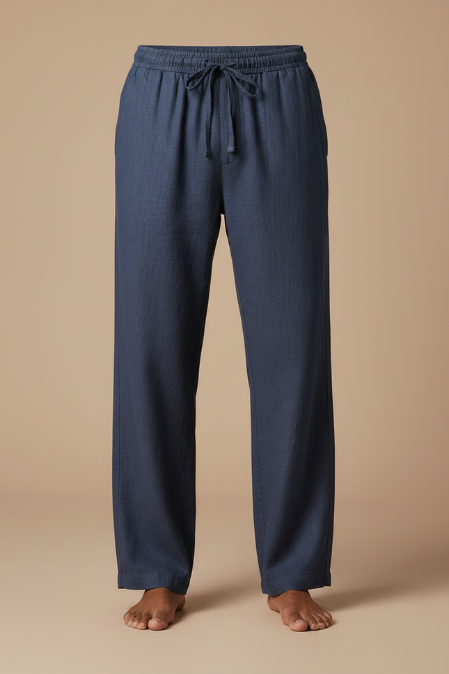 Pantalon Fluide Bleu Marine Coton Lin Ample Cordon - vue 3