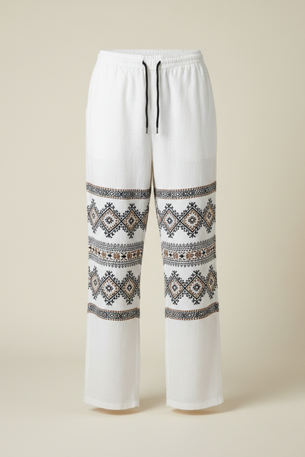 Pantalon Fluide Blanc Ethnique Tribal Ample Lin Homme - vue 3