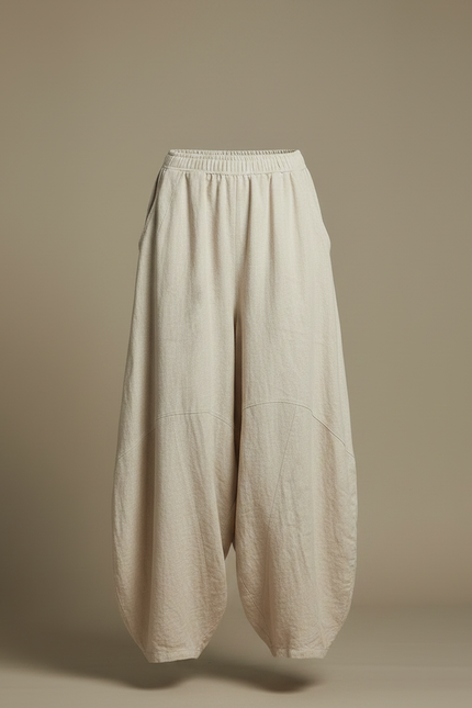 Pantalon Fluide Beige Coton Lin Ample Décontracté Yoga - vue 3