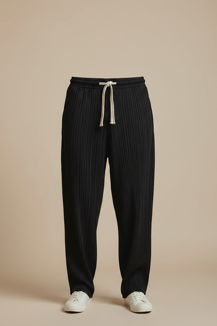 Pantalon Fluide Noir Plissé Ample Homme Décontracté - Polyester - vue 3