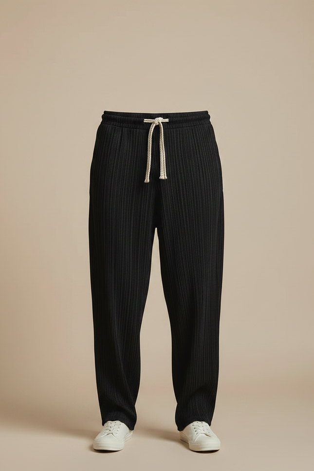 Pantalon Fluide Noir Plissé Ample Homme Décontracté - Polyester - vue 3