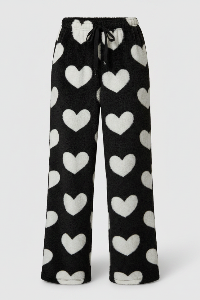 Pantalon Fluide Noir Cœurs Blancs Doux Confortable - Molleton - vue 3