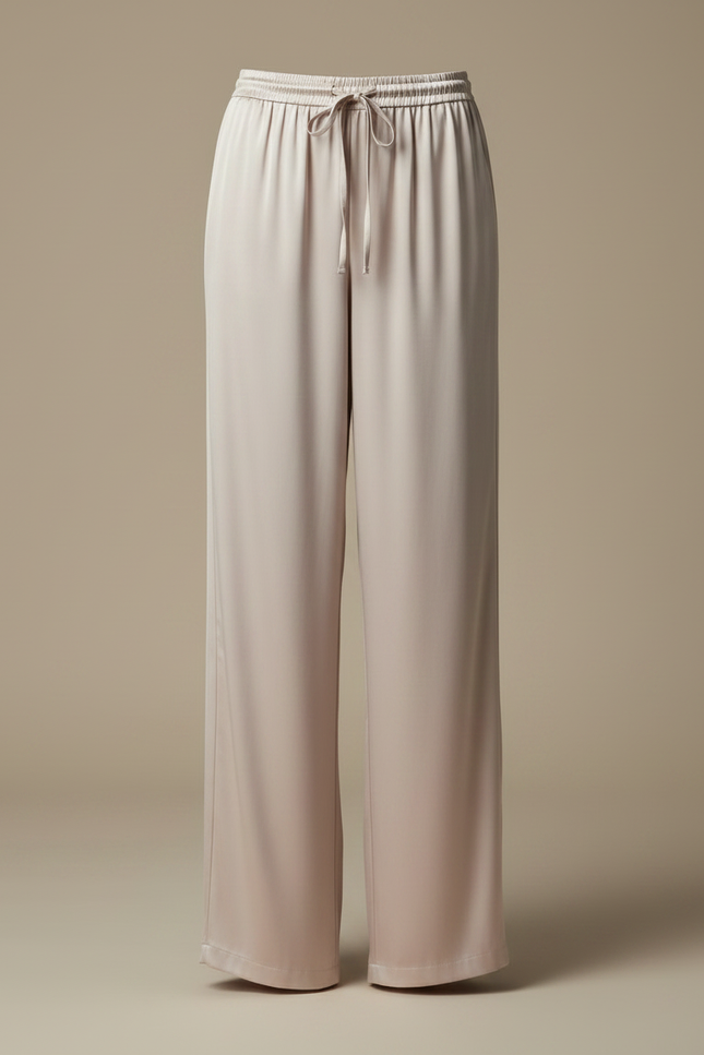Pantalon Fluide Satiné Beige Ample Taille Haute - vue 3