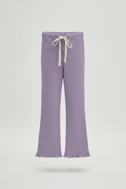 Pantalon Fluide Lilas Côtelé Élastique Évasé Volants Fille - Violet Maille - vue 3