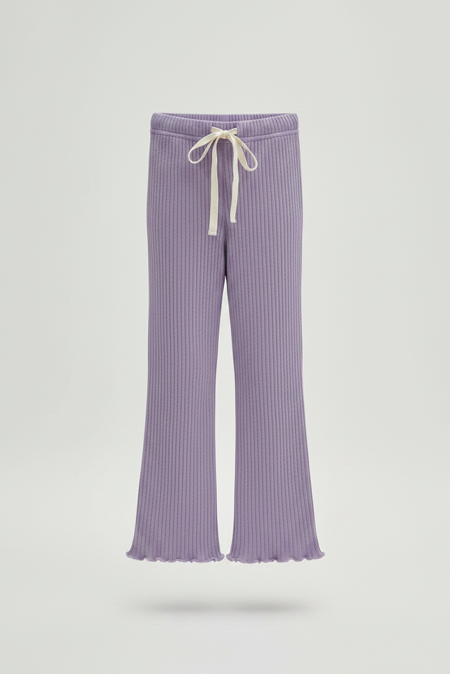 Pantalon Fluide Lilas Côtelé Élastique Évasé Volants Fille - Violet Maille - vue 3