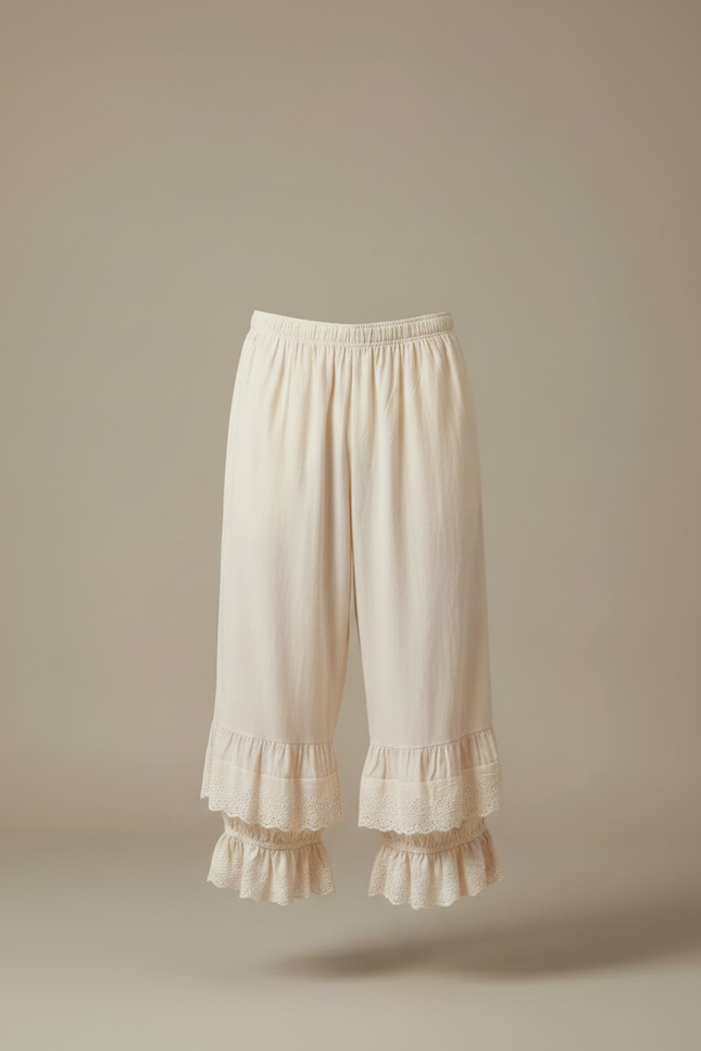 Pantalon Fluide Écru Ample Dentelle Coton Décontracté - Beige - vue 3