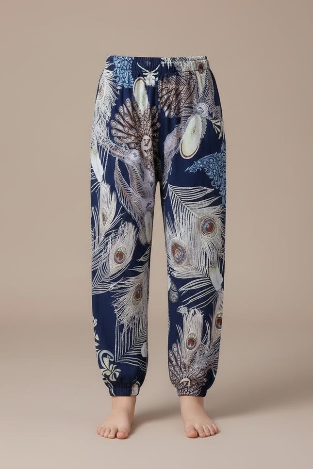 Pantalon Fluide Bleu Marine Imprimé Plumes Ample Coton - vue 3