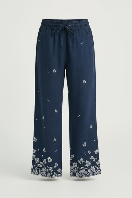 Pantalon Fluide Bleu Marine, Ample, Imprimé Floral, Confortable - Lin - vue 3