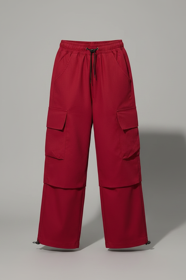 Pantalon Fluide Rouge Cargo Ample Cordon Fille - Polyester - vue 3