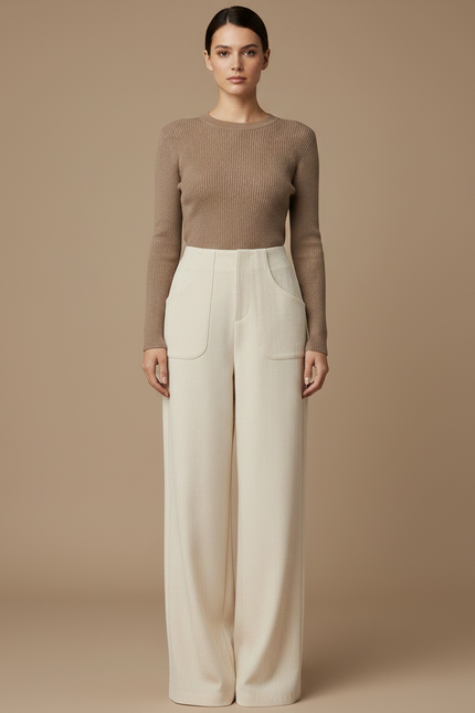 Pantalon Fluide Écru Ample Taille Haute Droit Élégant - Beige Viscose - vue 3