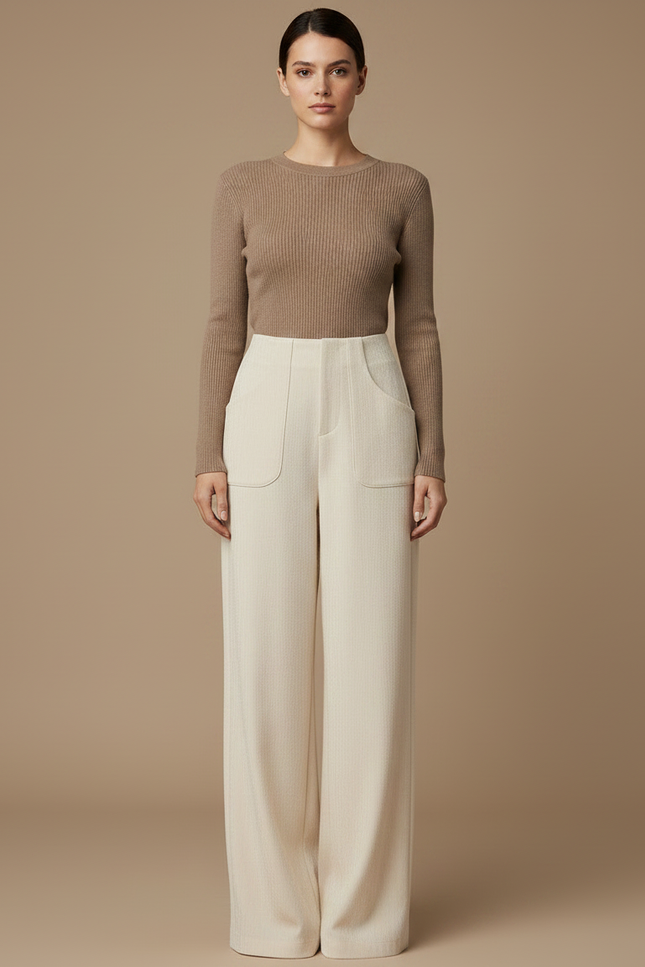 Pantalon Fluide Écru Ample Taille Haute Droit Élégant - Beige Viscose - vue 3
