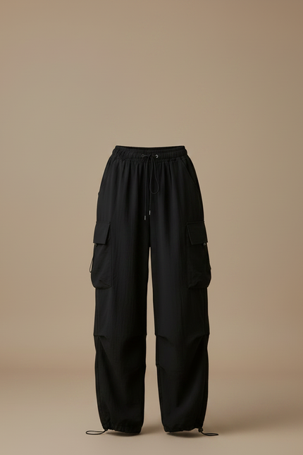 Pantalon Fluide Noir Ample Cargo Décontracté Streetwear - Polyester - vue 3