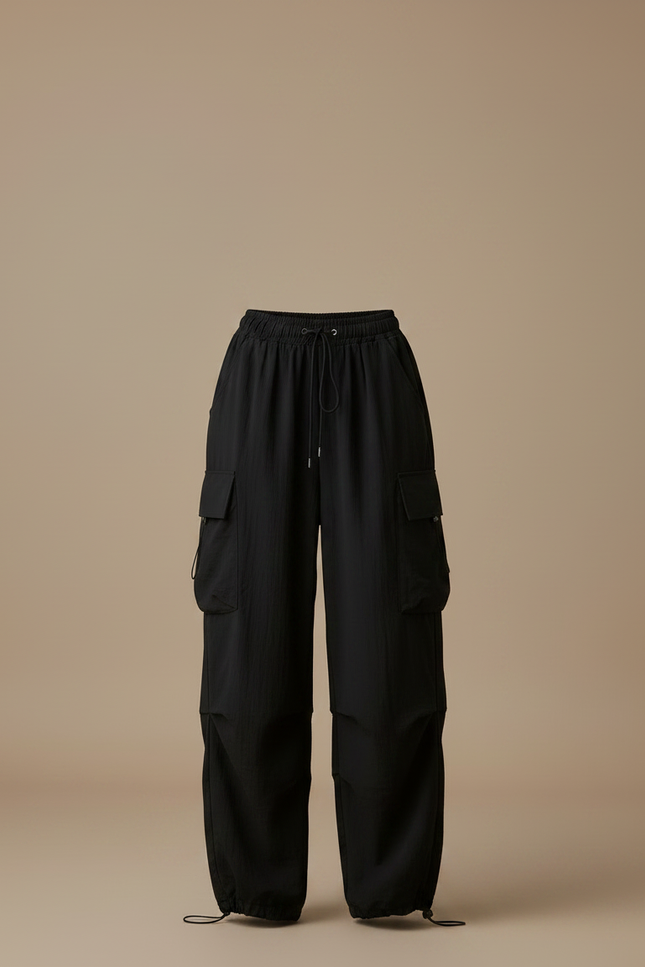 Pantalon Fluide Noir Ample Cargo Décontracté Streetwear - Polyester - vue 3