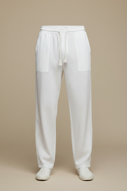 Pantalon Fluide Blanc Lin Ample Cordon Décontracté Homme - vue 3