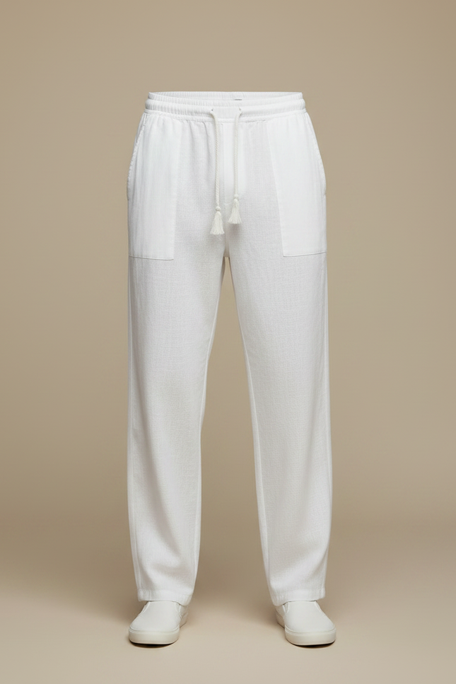 Pantalon Fluide Blanc Lin Ample Cordon Décontracté Homme - vue 3