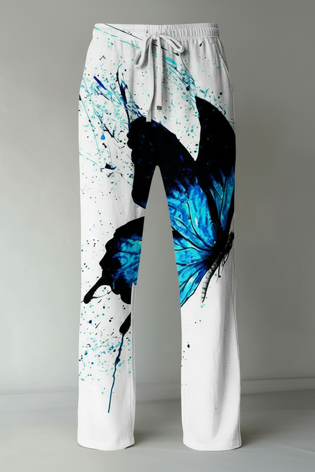 Pantalon Fluide Blanc Imprimé Papillon Bleu Décontracté Homme - Viscose - vue 3